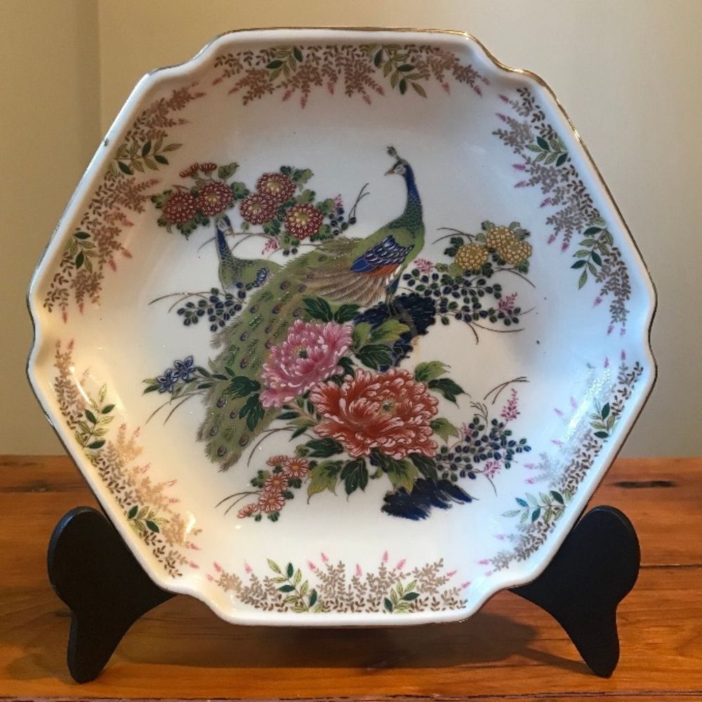 Antique Japanese Ceramic Plate Elegant Floral and Peacock Octagonal Plate 7.5”8”